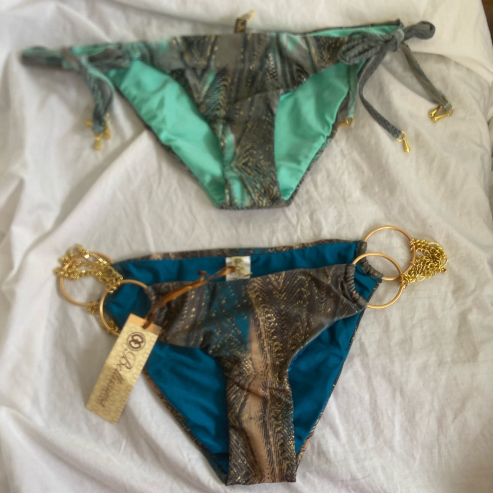 Bellissima Luxury Bikini Bottoms Teal & Bronze Feather Print Side Tie Size L NEW - Picture 3 of 16